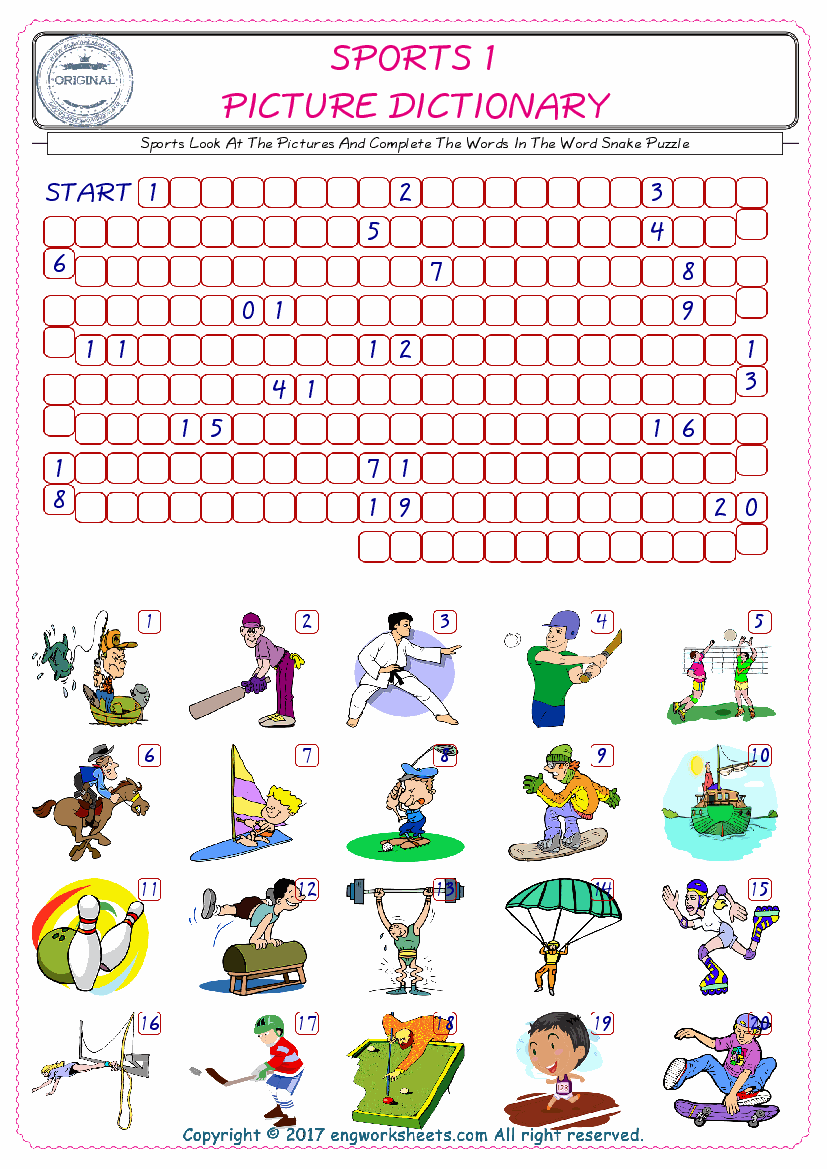  Check the Illustrations of Sports english worksheets for kids, and Supply the Missing Words in the Word Snake Puzzle ESL play. 